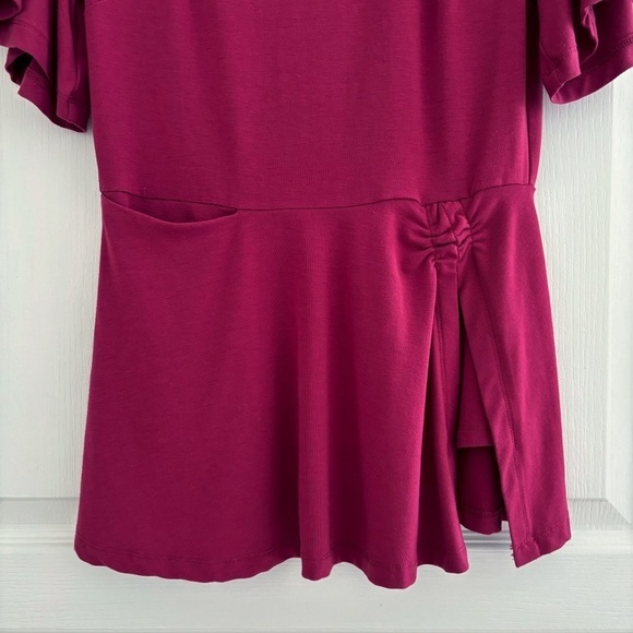 Betabrand Erin Peplum Top Small Maroon Flutter Sleeves - Picture 3 of 8